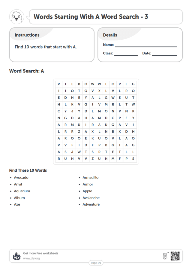 Words Starting With A Word Search page 1