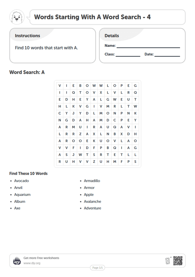 Words Starting With A Word Search page 1