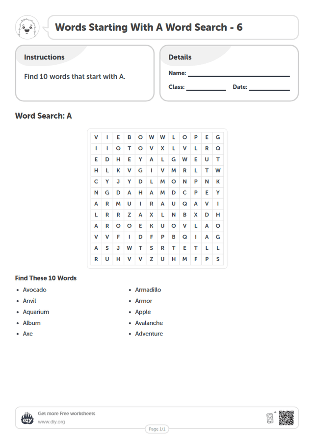 Words Starting With A Word Search page 1