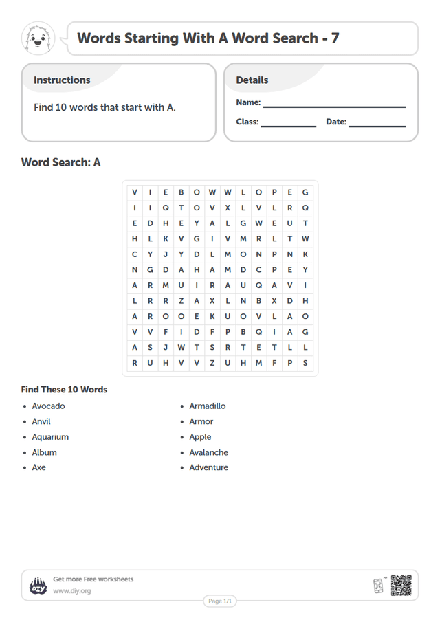 Words Starting With A Word Search page 1