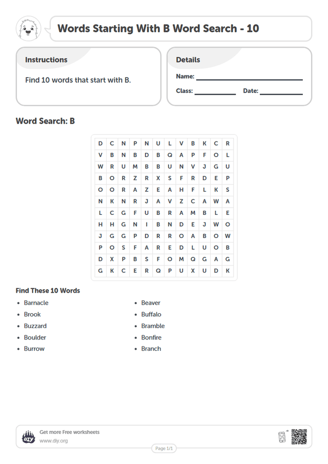 Words Starting With B Word Search page 1