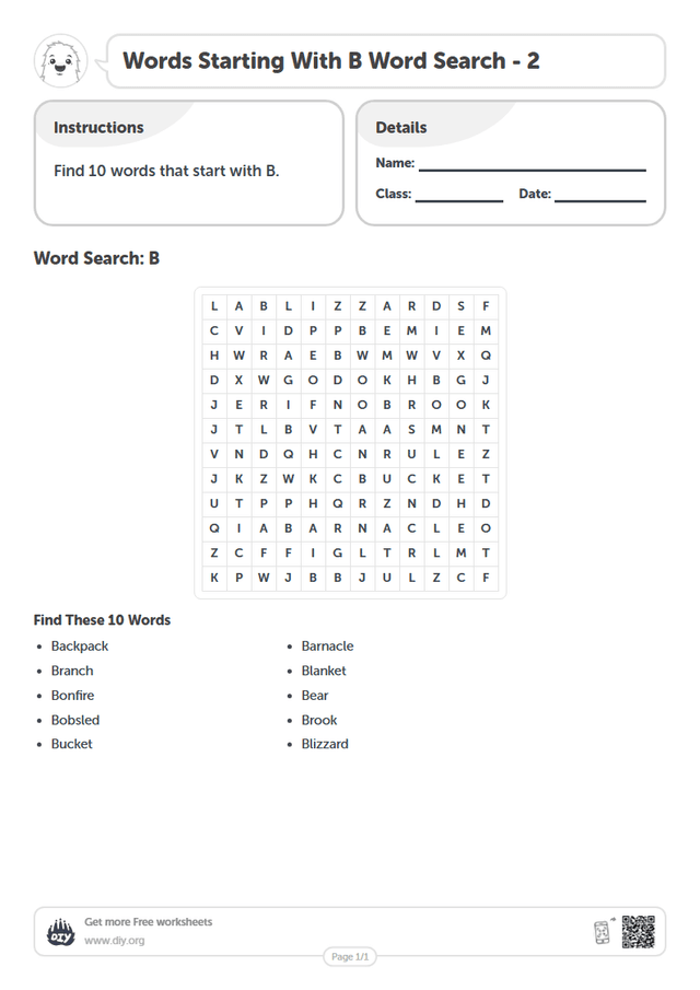 Words Starting With B Word Search page 1