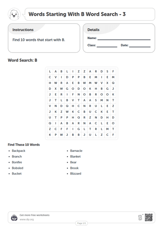 Words Starting With B Word Search page 1