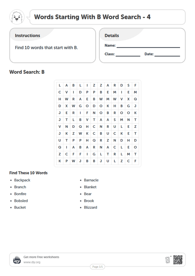 Words Starting With B Word Search page 1