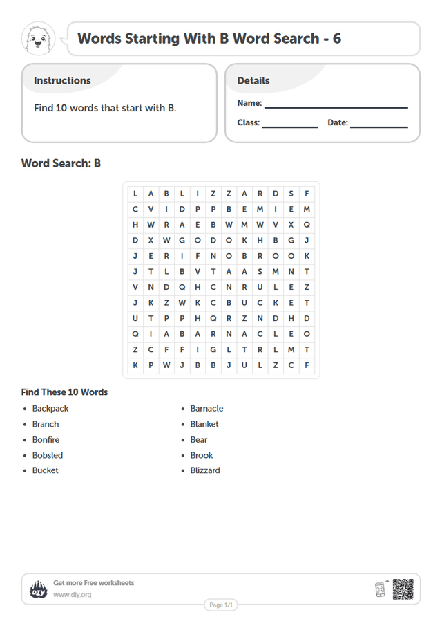 Words Starting With B Word Search page 1
