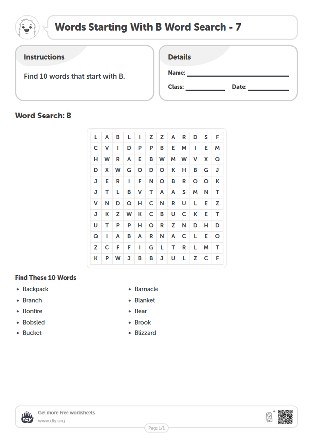 Words Starting With B Word Search page 1