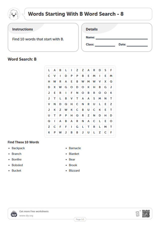 Words Starting With B Word Search page 1