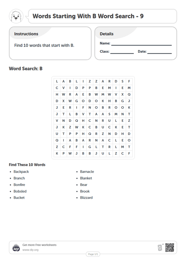 Words Starting With B Word Search page 1