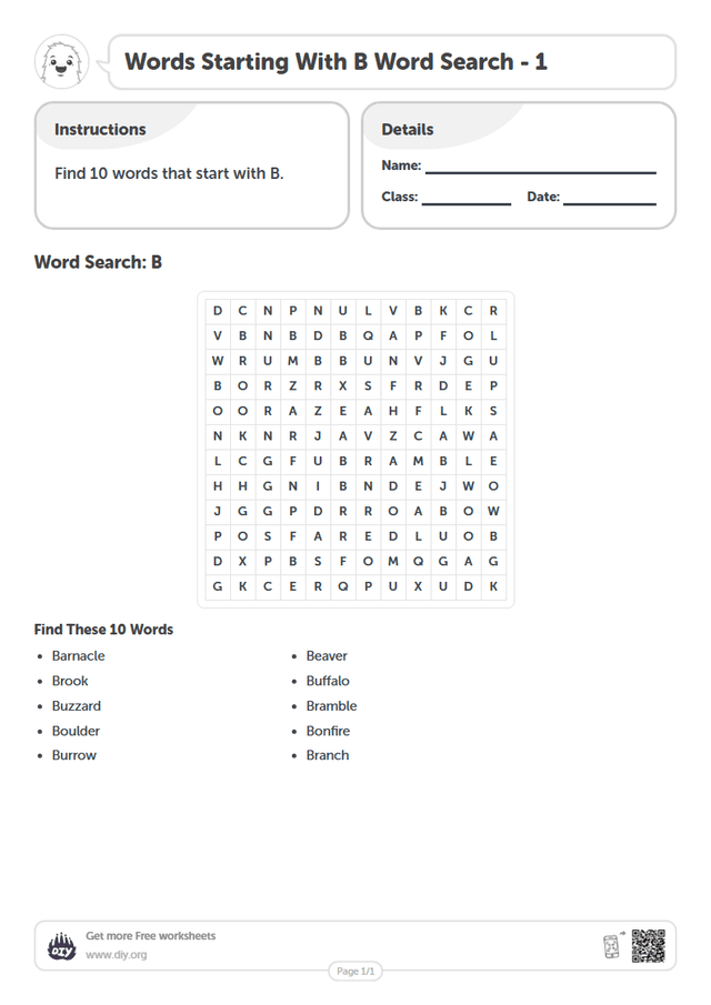 Words Starting With B Word Search page 1