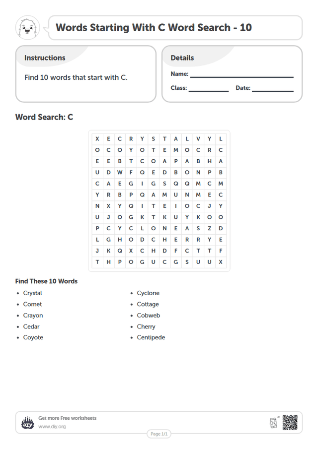 Words Starting With C Word Search page 1