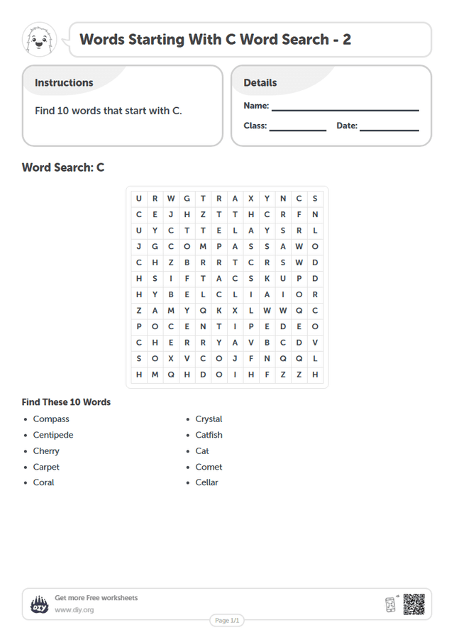Words Starting With C Word Search page 1