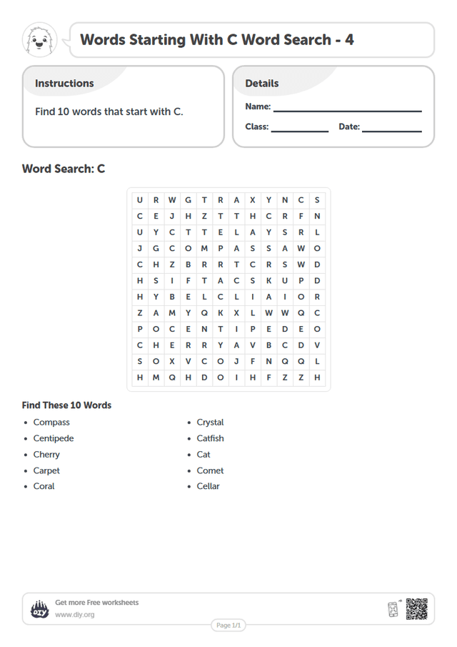 Words Starting With C Word Search page 1