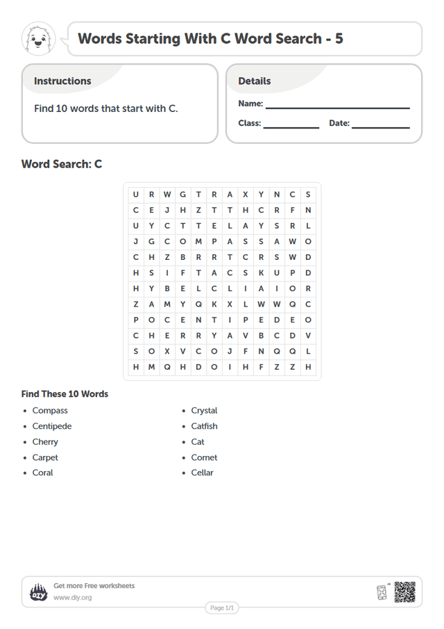 Words Starting With C Word Search page 1