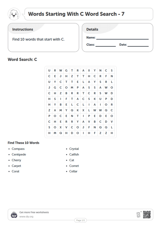 Words Starting With C Word Search page 1