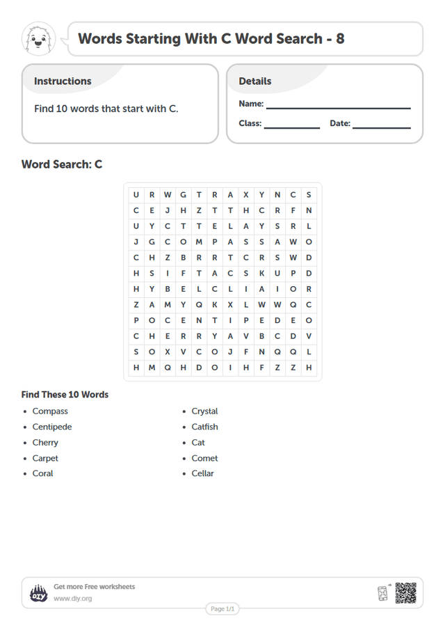 Words Starting With C Word Search page 1
