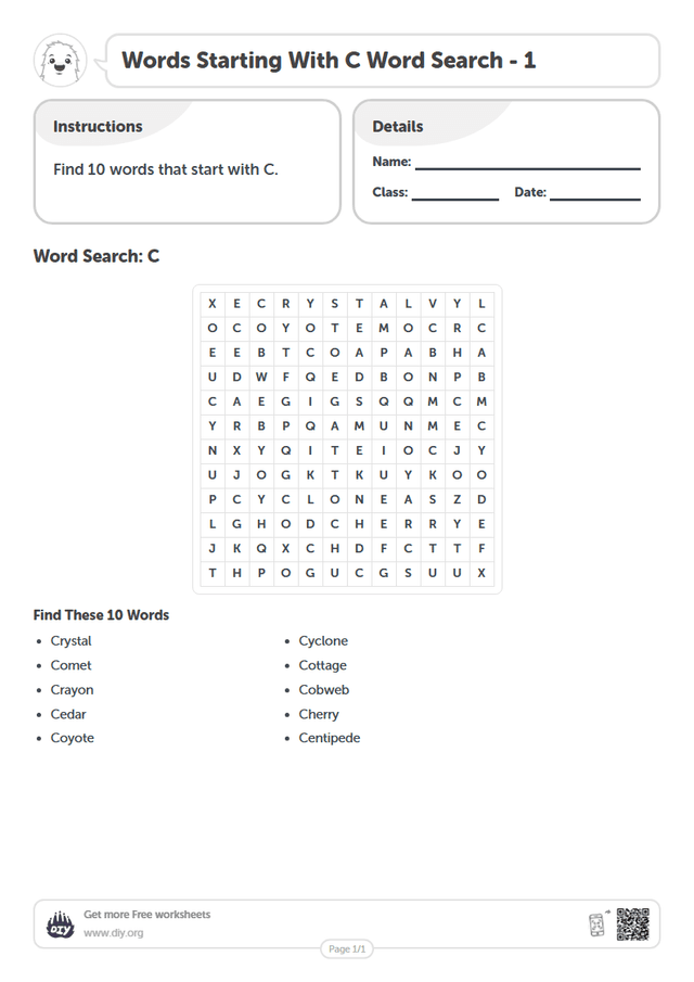 Words Starting With C Word Search page 1