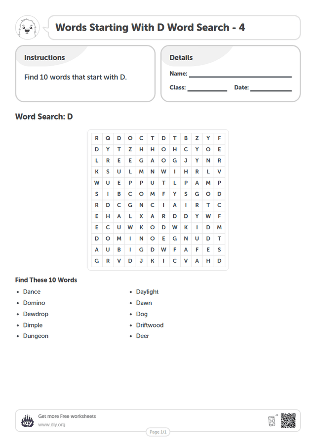 Words Starting With D Word Search page 1