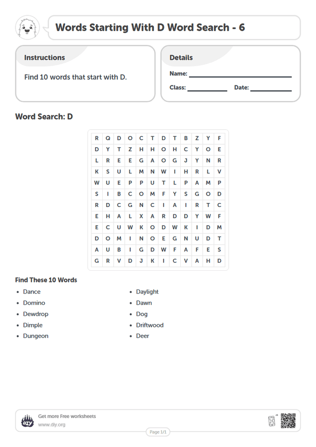 Words Starting With D Word Search page 1