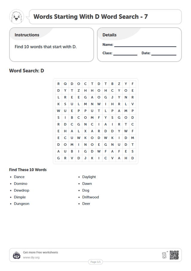 Words Starting With D Word Search page 1