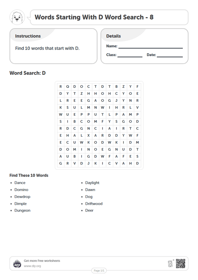Words Starting With D Word Search page 1