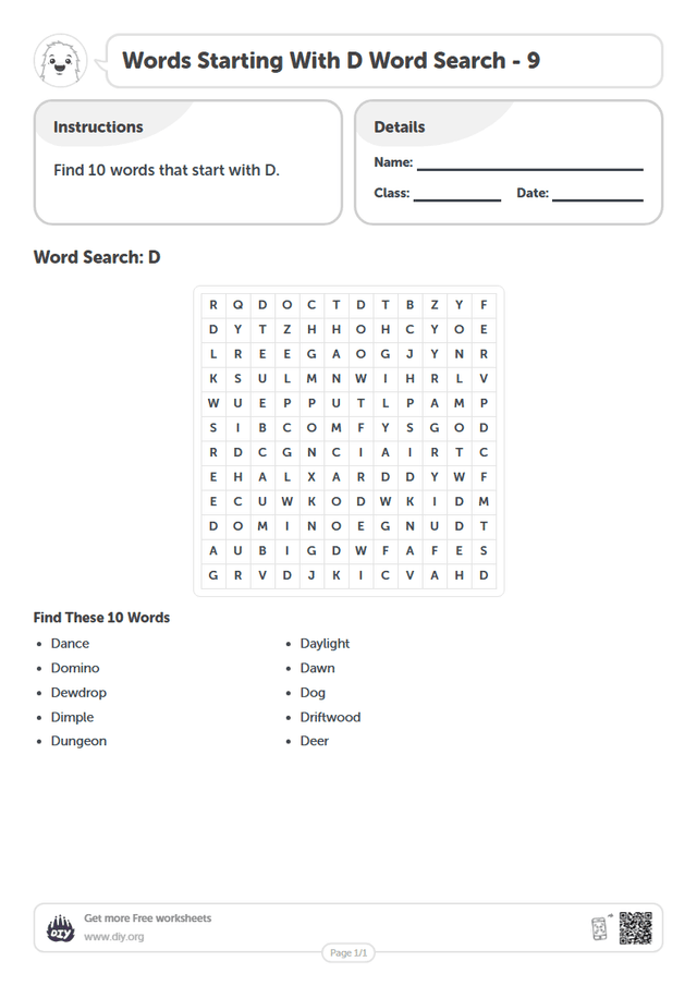 Words Starting With D Word Search page 1