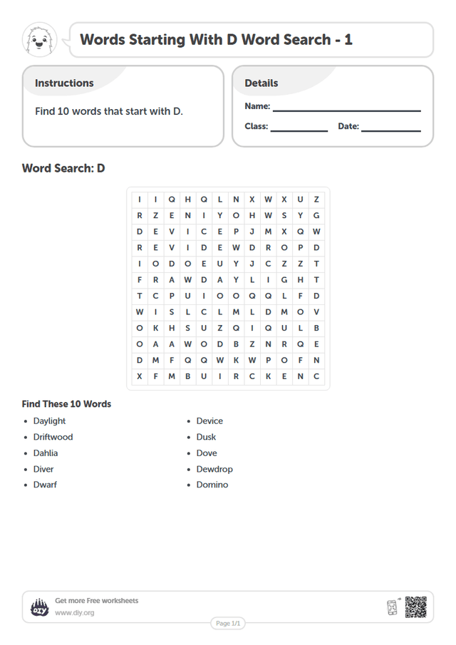 Words Starting With D Word Search page 1
