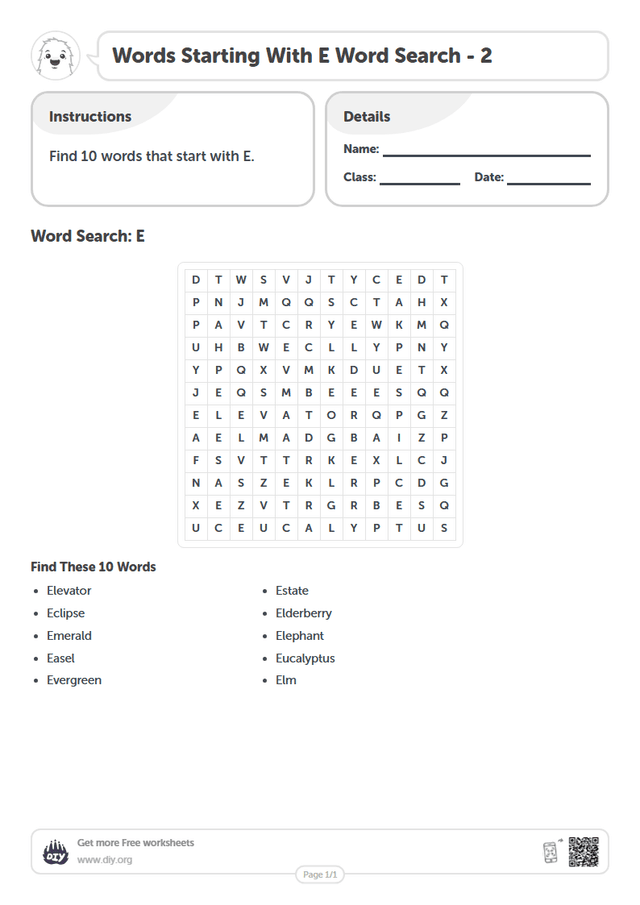 Words Starting With E Word Search page 1