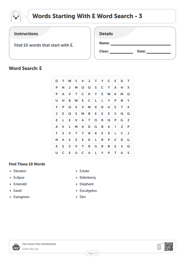 Words Starting With E Word Search page 1