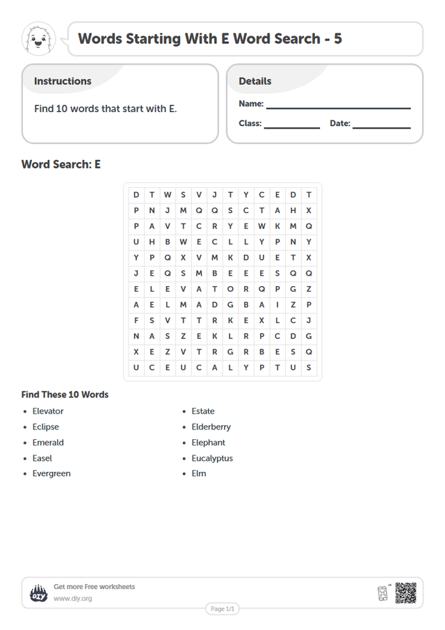 Words Starting With E Word Search page 1