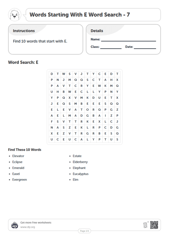 Words Starting With E Word Search page 1