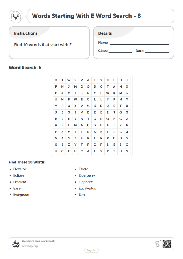 Words Starting With E Word Search page 1