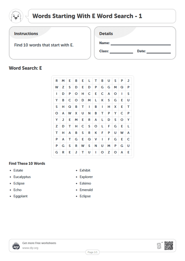 Words Starting With E Word Search page 1