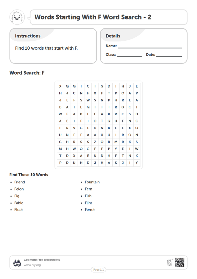 Words Starting With F Word Search page 1