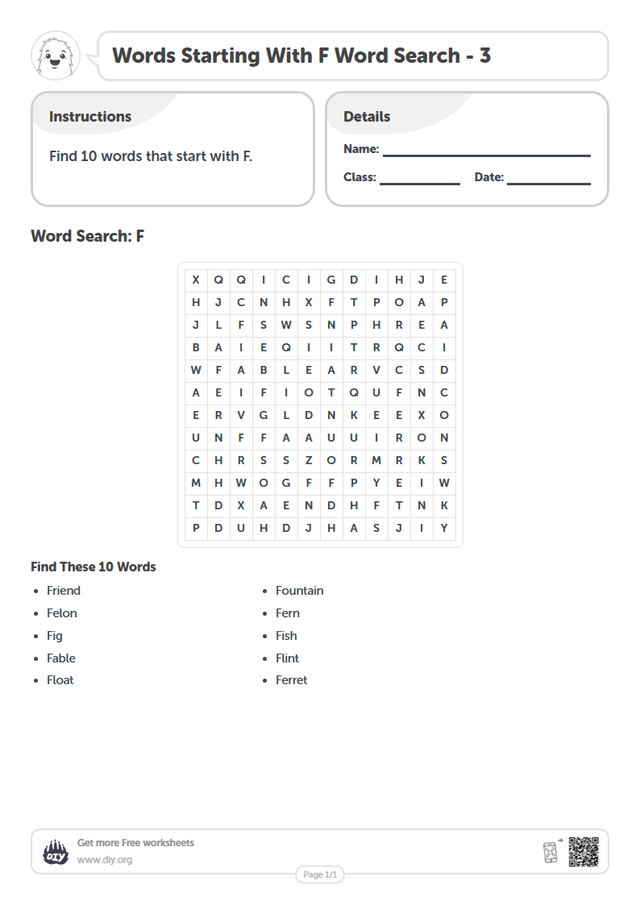Words Starting With F Word Search page 1