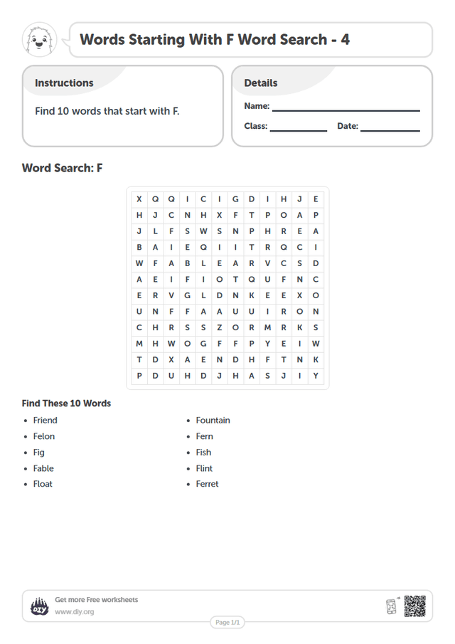 Words Starting With F Word Search page 1