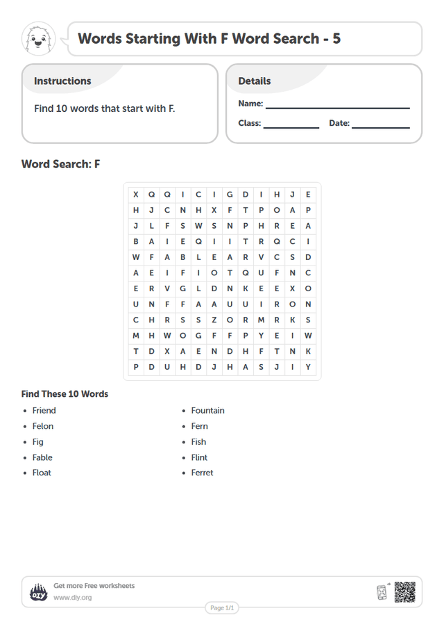 Words Starting With F Word Search page 1