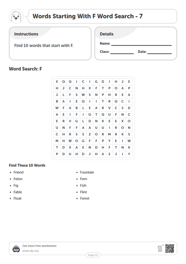 Words Starting With F Word Search page 1