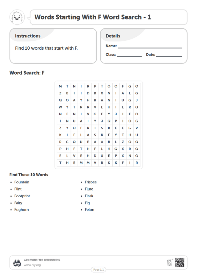 Words Starting With F Word Search page 1
