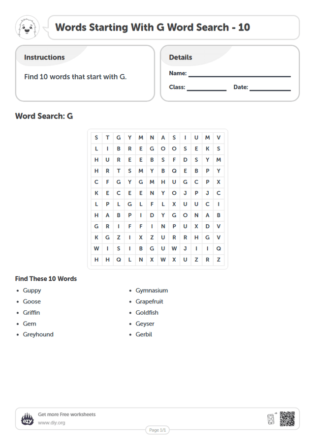 Words Starting With G Word Search page 1