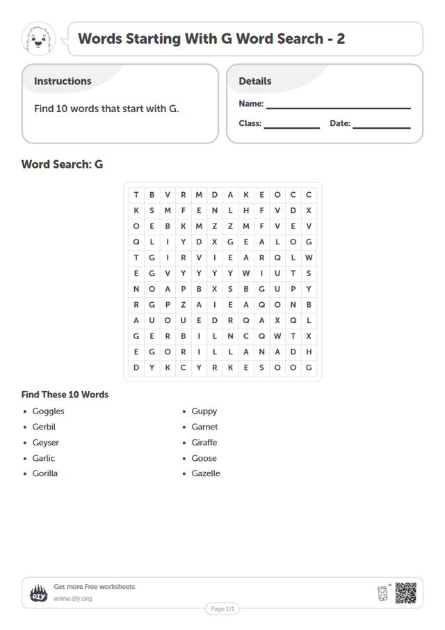 Words Starting With G Word Search page 1