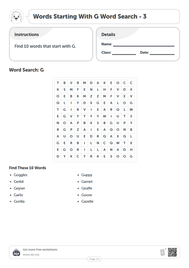 Words Starting With G Word Search page 1