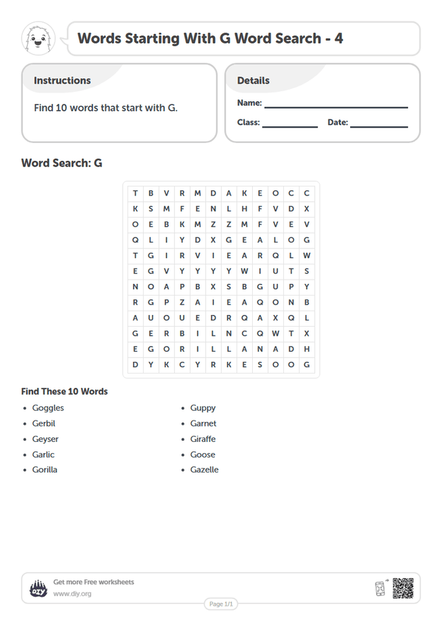 Words Starting With G Word Search page 1