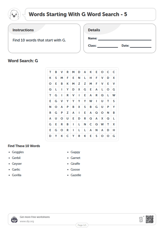 Words Starting With G Word Search page 1