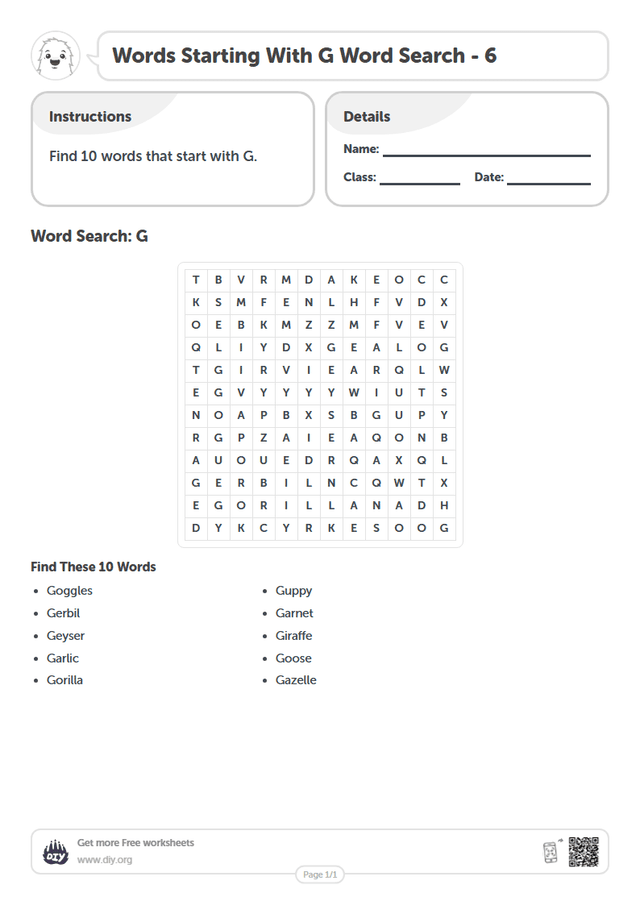 Words Starting With G Word Search page 1