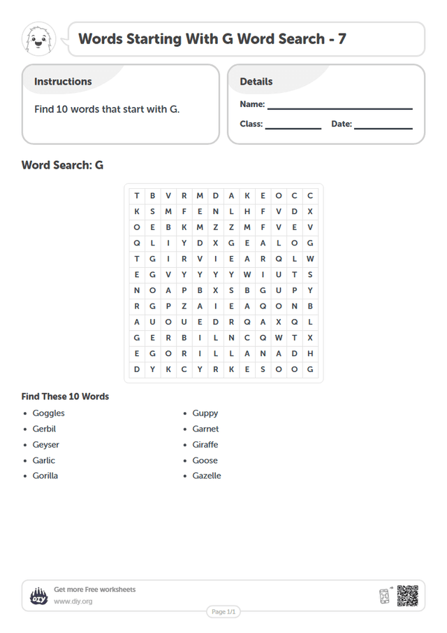 Words Starting With G Word Search page 1