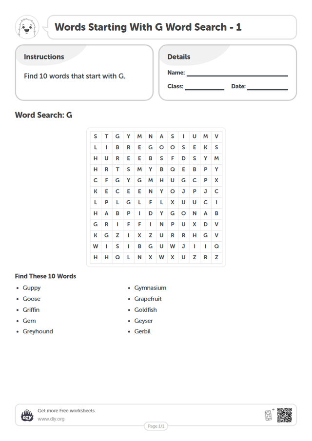 Words Starting With G Word Search page 1