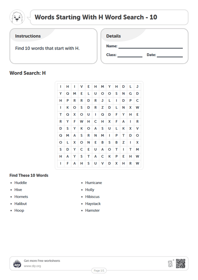 Words Starting With H Word Search page 1