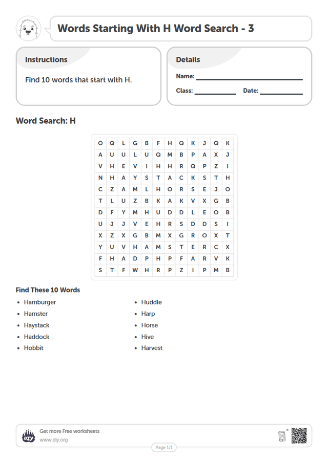 Words Starting With H Word Search page 1