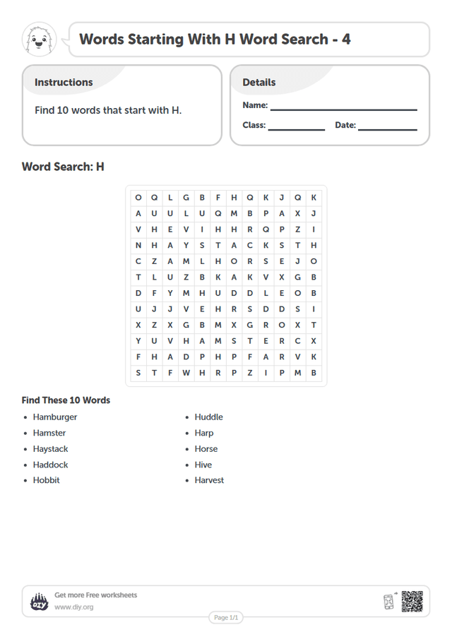 Words Starting With H Word Search page 1