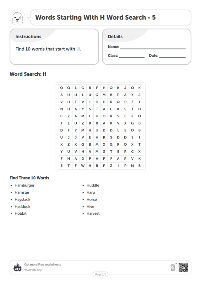 Words Starting With H Word Search page 1